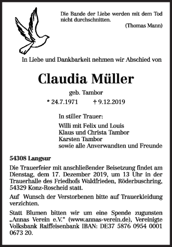 Traueranzeige von Claudia Müller von Siegener Zeitung
