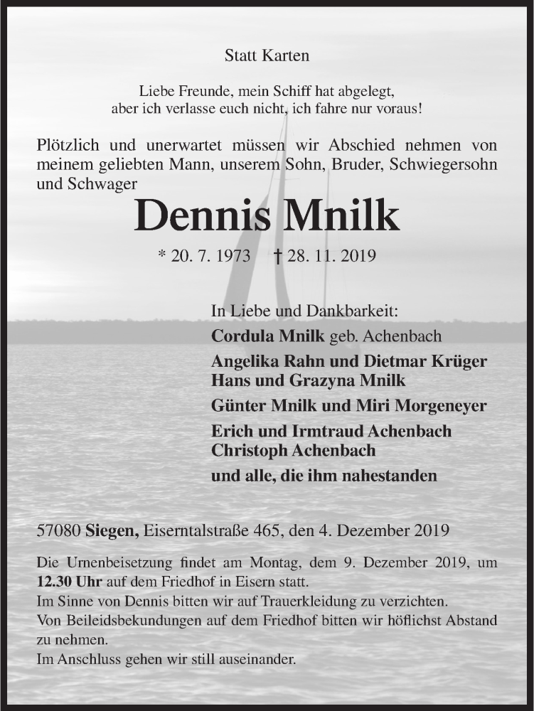  Traueranzeige für Dennis Mnilk vom 04.12.2019 aus Siegener Zeitung
