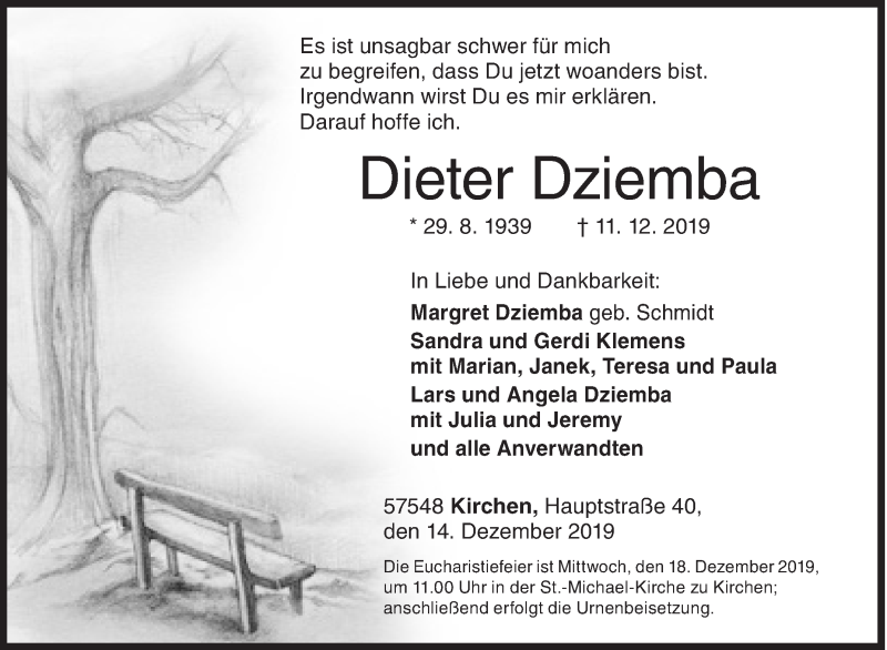  Traueranzeige für Dieter Dziemba vom 14.12.2019 aus Siegener Zeitung