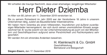 Traueranzeige von Dieter Dziemba von Siegener Zeitung