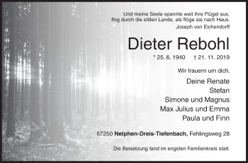 Traueranzeige von Dieter Rebohl von Siegener Zeitung