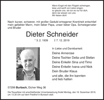 Traueranzeige von Dieter Schneider von Siegener Zeitung