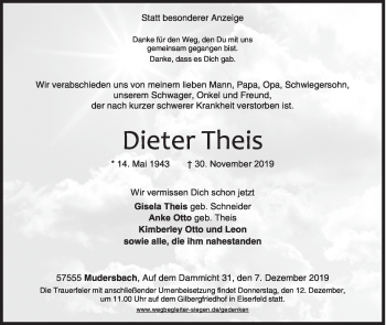 Traueranzeige von Dieter Theis von Siegener Zeitung