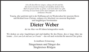 Traueranzeige von Dieter Weber von Siegener Zeitung