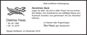 Traueranzeige von Dietmar Haas von Siegener Zeitung