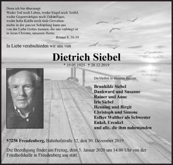 Traueranzeige von Dietrich Siebel von Siegener Zeitung