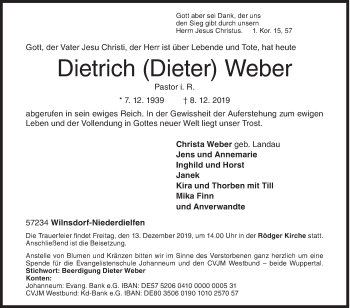 Traueranzeige von Dietrich  Weber von Siegener Zeitung