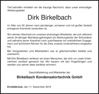 Traueranzeige von Dirk Birkelbach von Siegener Zeitung