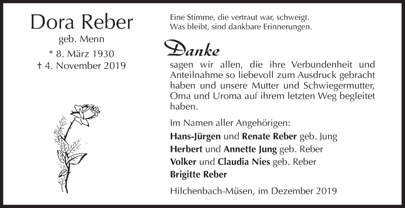  Traueranzeige für Dora Reber vom 21.12.2019 aus Siegener Zeitung