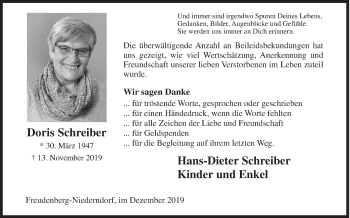 Traueranzeige von Doris Schreiber von Siegener Zeitung