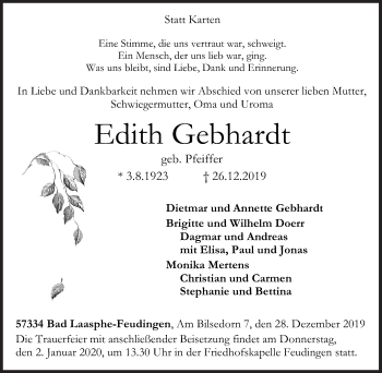 Traueranzeige von Edith Gebhardt von Siegener Zeitung