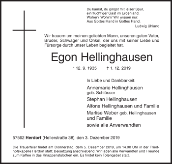 Traueranzeige von Egon Hellinghausen von Siegener Zeitung