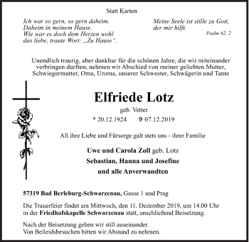 Traueranzeige von Elfriede Lotz von Siegener Zeitung