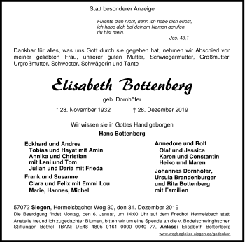 Traueranzeige von Elisabeth Bottenberg von Siegener Zeitung