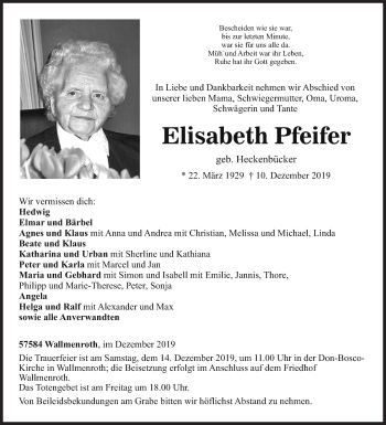 Traueranzeige von Elisabeth Pfeifer von Siegener Zeitung
