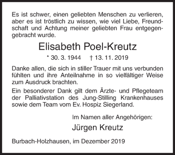 Traueranzeige von Elisabeth Poel-Kreutz von Siegener Zeitung