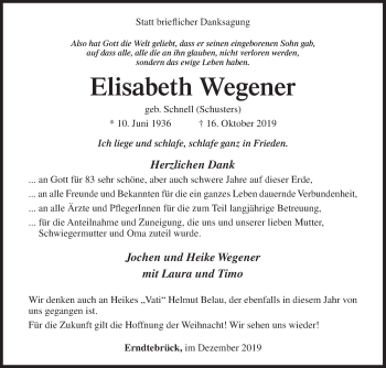 Traueranzeige von Elisabeth Wegener von Siegener Zeitung