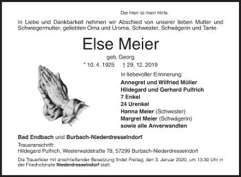 Traueranzeige von Else Meier von Siegener Zeitung