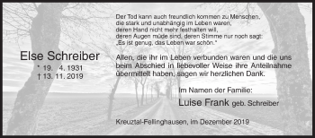 Traueranzeige von Else Schreiber von Siegener Zeitung