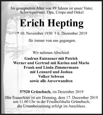 Traueranzeige von Erich Hepting von Siegener Zeitung