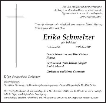 Traueranzeige von Erika Schmelzer von Siegener Zeitung