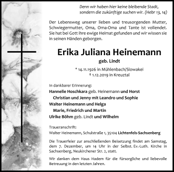 Traueranzeige von Erika Juliana Heinemann von Siegener Zeitung