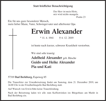 Traueranzeige von Erwin Alexander von Siegener Zeitung