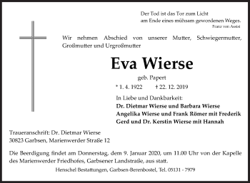 Traueranzeige von Eva Wierse von Siegener Zeitung