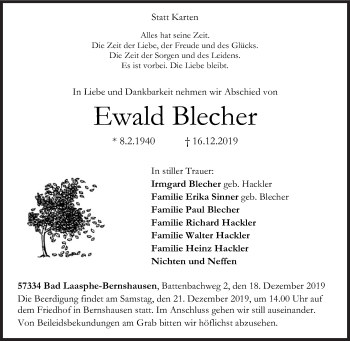 Traueranzeige von Ewald Blecher von Siegener Zeitung