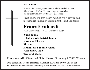 Traueranzeige von Franz Ernhardt von Siegener Zeitung