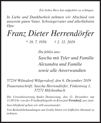 Traueranzeige von Franz Dieter Herrendörfer von Siegener Zeitung
