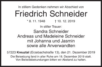 Traueranzeige von Friedrich Schneider von Siegener Zeitung