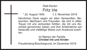 Traueranzeige von Fritz Irle von Siegener Zeitung