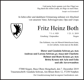 Traueranzeige von Fritz Heinz Both von Siegener Zeitung