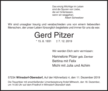 Traueranzeige von Gerd Pitzer von Siegener Zeitung