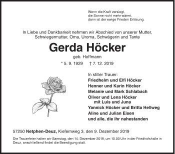 Traueranzeige von Gerda Höcker von Siegener Zeitung