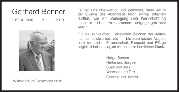 Traueranzeige von Gerhard Benner von Siegener Zeitung