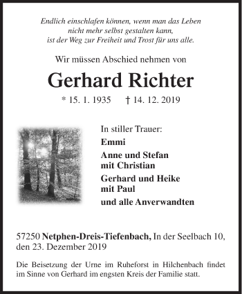 Traueranzeige von Gerhard Richter von Siegener Zeitung