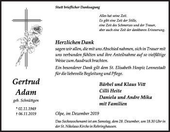 Traueranzeige von Gertrud Adam von Siegener Zeitung