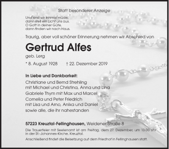 Traueranzeige von Gertrud Alfes von Siegener Zeitung