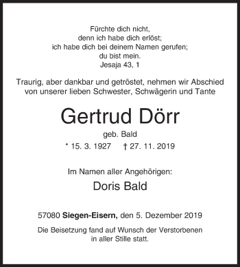 Traueranzeige von Gertrud Dörr von Siegener Zeitung