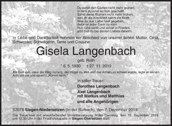 Traueranzeige von Gisela Langenbach von Siegener Zeitung