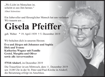Traueranzeige von Gisela Pfeiffer von Siegener Zeitung