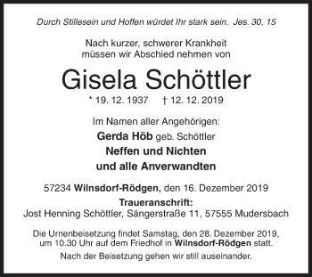 Traueranzeige von Gisela Schöttler von Siegener Zeitung
