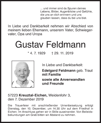 Traueranzeige von Gustav Feldmann von Siegener Zeitung