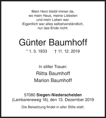Traueranzeige von Günter Baumhoff von Siegener Zeitung