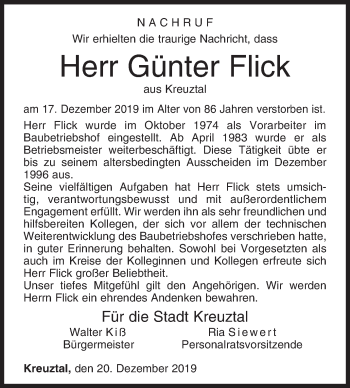 Traueranzeige von Günter Flick von Siegener Zeitung