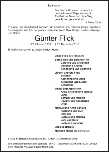 Traueranzeige von Günter Flick von Siegener Zeitung