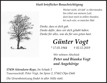 Traueranzeige von Günter Vogt von Siegener Zeitung