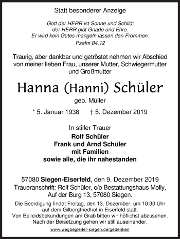 Traueranzeige von Hanna Schüler von Siegener Zeitung